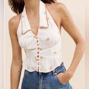 Free People May Embroidered Halter Top Ivory B2